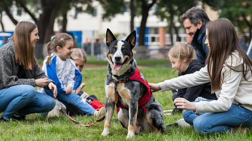 A happy herding cattle dog is sitting with a family in a park.
