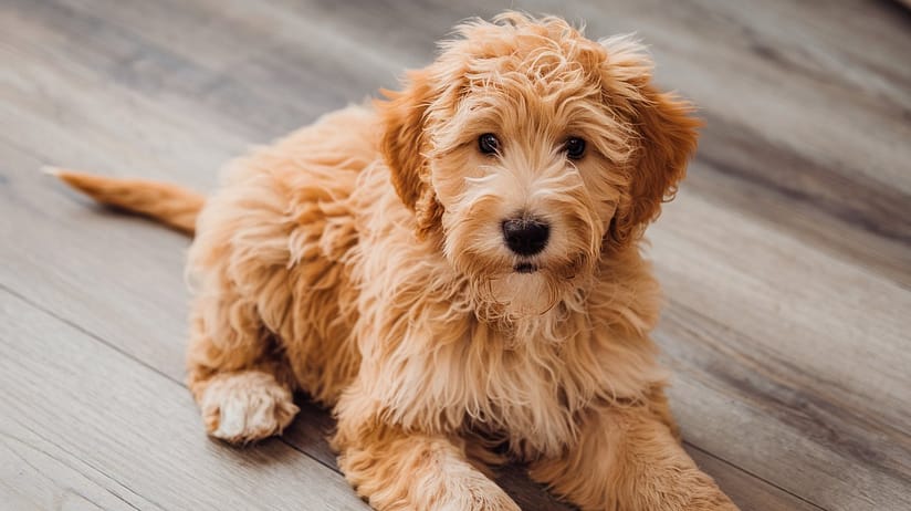 A photo of a mini golden doodle