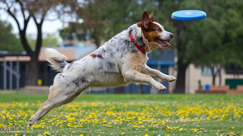 A herding cattle dog jumps to catch a frisbee.