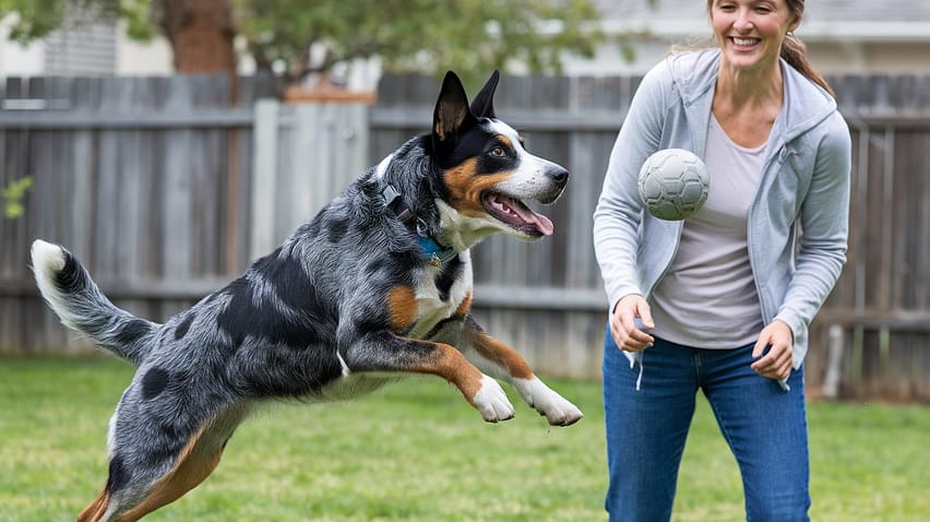 An Australian cattle dog is in playing mode