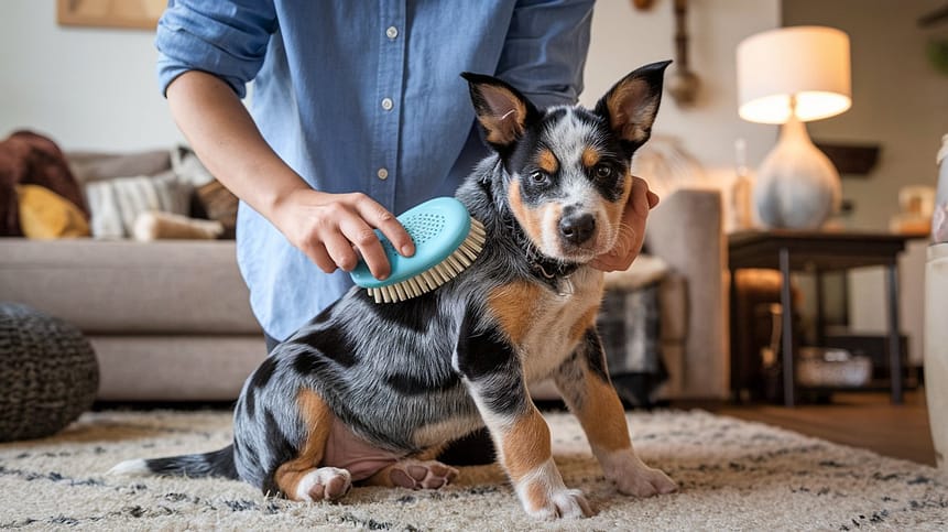 Brushing a Cattle Dog.