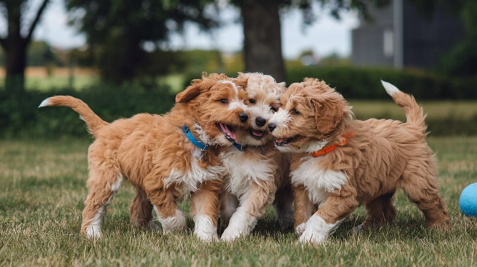 A group of a mini golden doodle